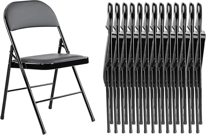 Folding Chairs 14 Pack, Portable Stackable Commercial Chair, Indoor Outdoor Padded Leather Chair with Sturdy Metal Frame, for Home, Office, or Party Events. (Black, 14 Pack)