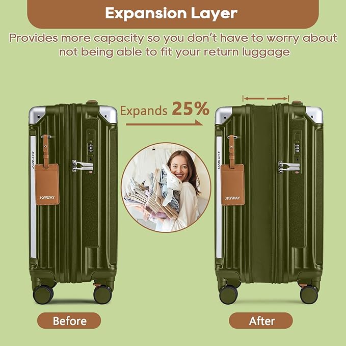 Joyway 20in Carry On Luggage with Cup Holder and USB Port, 25% Expandable Capacity, Smart Suitcase with Anti Slip Wheels and Handbag, Perfect for Men and Women 3 Piece Set DarkGreen