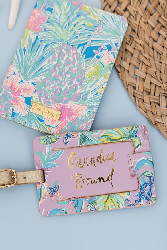 Lilly Pulitzer Leatherette Luggage Tag with Secure Strap, Colorful Suitcase Identifier for Travel