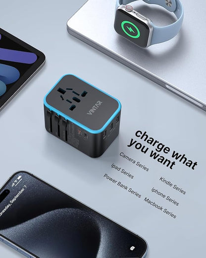 Universal Travel Adapter, VINTAR 35.5W International Power Adapter with 3 USB A QC and 2 USB C PD, All in One Plug Adapter Worldwide Travel Essentials for EU/UK/USA/AUS(Type C/G/A/I), Blue