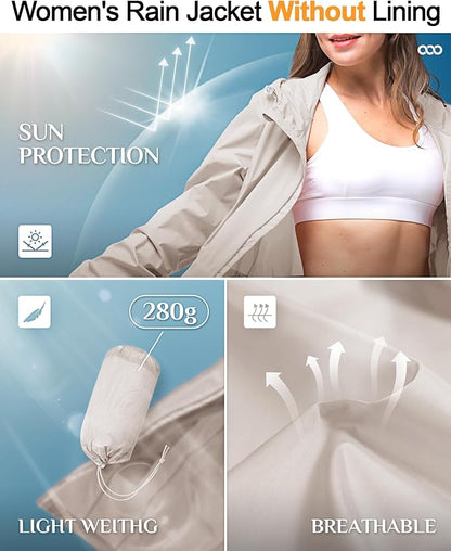 33,000ft Women's Waterproof Long Rain Coats Packable Rain Jacket with Hood Trench Coats Windbreaker