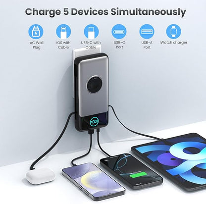 Portable Charger 26800mah for iPhone with Built-in Cables & AC Wall Plug,6-in-1 USB C Power Bank 5 Output Travel Essential,25W PD Fast Charging Battery Pack for iPhone17/16/15/14 Android,Apple Watch