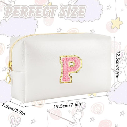 Initial Makeup Bag Personalized Preppy Travel Small Cosmetic Bag Cute PU White Chenille Letter Makeup Pouch for Purse Waterproof Zippered Toiletry Organizer for Women Girl Kid Friends (P)