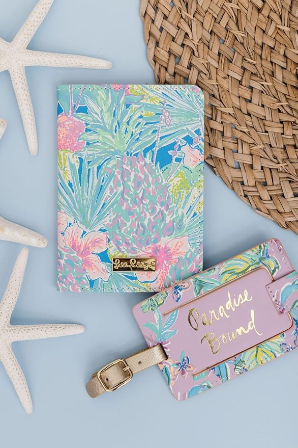 Lilly Pulitzer Leatherette Luggage Tag with Secure Strap, Colorful Suitcase Identifier for Travel