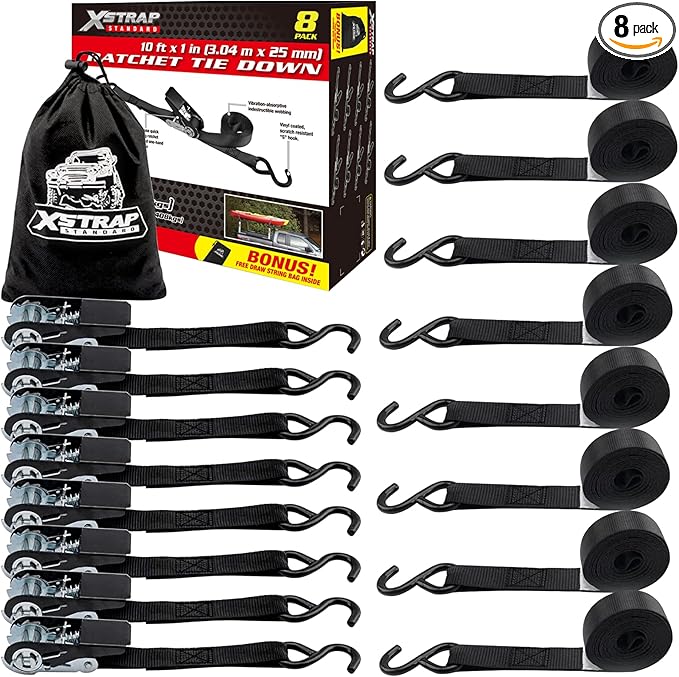 XSTRAP STANDARD Ratchet Straps, 900 LB Break Strength, 8-Pack 10FT Ratchet Tie Down Straps Set for Motorcycle Straps Tie Downs, Appliances, Lawn Equipment, Logistic Cargo Straps for Trucks (Black)
