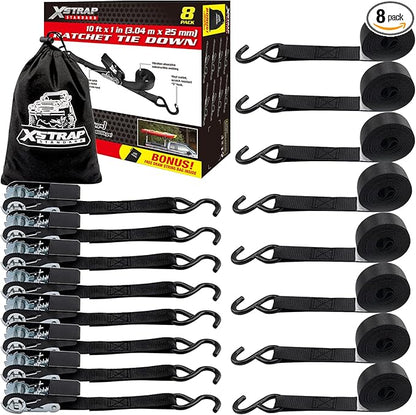 XSTRAP STANDARD Ratchet Straps, 900 LB Break Strength, 8-Pack 10FT Ratchet Tie Down Straps Set for Motorcycle Straps Tie Downs, Appliances, Lawn Equipment, Logistic Cargo Straps for Trucks (Black)
