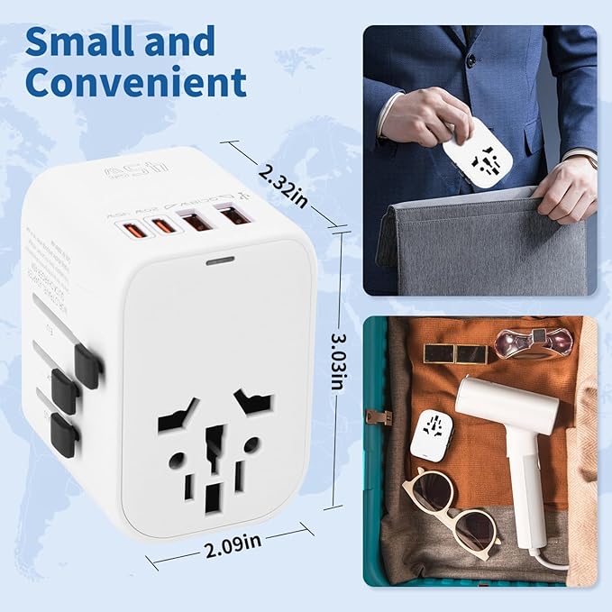 Aigostar 5-in-1 Universal Travel Adapter, GaN 45W Fast Charge International Plug Adapter with 2 Type-C & 2 USB-A Ports, Worldwide Power Adaptor Wall Charger for EU US UK AUS CHN JP Travel Business