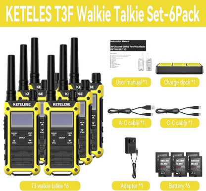 KETELESE T3F Walkie Talkies 6 Pack for Adults, IP67 Waterproof 2 Way Radios Rechargable, with Earpiece and Mic, Shock Resistant, Dual PTT, One Key Group Call, VOX, NOAA&Wheather Alert, Black/Yellow