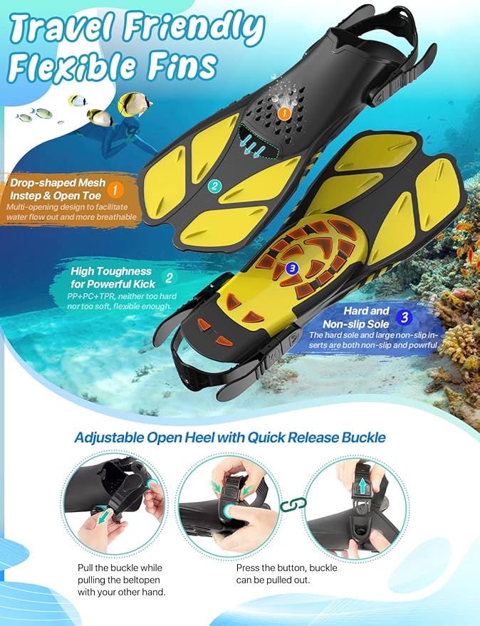 Zenoplige Mask Fins Snorkel Set, Snorkeling Gear for Adults, Panoramic View Snorkel Mask Anti-Fog, Adjustable Dive Flippers, Dry Top Snorkel and Travel Bag, Scuba Gear for Swimming Snorkeling Diving