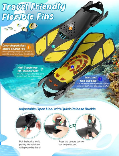 Zenoplige Mask Fins Snorkel Set, Snorkeling Gear for Adults, Panoramic View Snorkel Mask Anti-Fog, Adjustable Dive Flippers, Dry Top Snorkel and Travel Bag, Scuba Gear for Swimming Snorkeling Diving