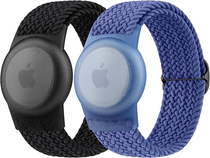 Vanjua Wristband for Apple AirTag, Protective Case Compatible with Air Tag GPS Tracker Holder with Braided Bracelet, Adjustable Anti Lost Watch Band for Toddler Child Elder (Black+Blue)