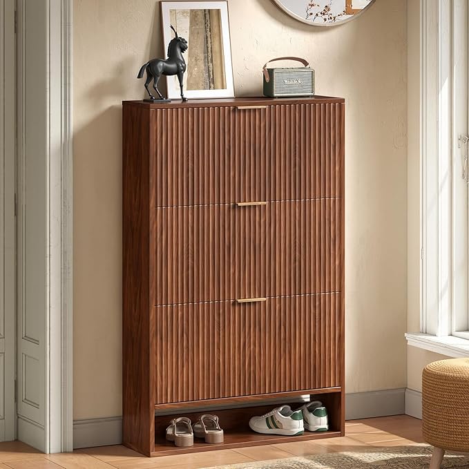 Walnut Tall Shoe Storage Cabinet for Entryway with 3 Flip Drawers, Narrow Wood Fluted Shoe Rack Cabinet, Freestanding Slim Shoe Organizer Cabinet for Foyer, Hallway