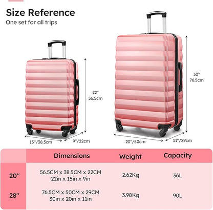 Luggage Sets 2 Piece, 20 Inch 28 Inch ABS Hardshell Suitcase Set with Spinner Wheels, Carry On and Checked Luggage for Women and 6 Piece Travel Organize Bags