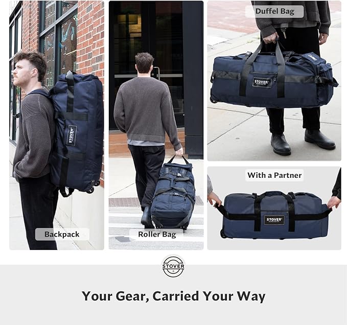 STOVER 80L Rolling Duffel Bag with Wheels, Large 31 Inch Durable Travel Duffle + Toiletry Bag, Heavy Duty, Packable, Foldable w/Shoulder Straps- Use as Luggage or Backpack, Men/Women (Blue)