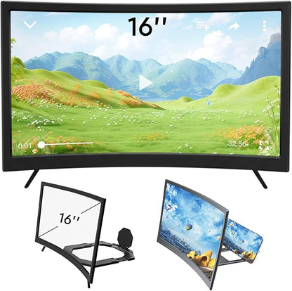 3D Curved Screen Phone Magnifier Projector Screen, 2025 New Lightweight and Foldable Mobile Phones Amplifier for All Smartphones, Portable HD Magnifier for Watching Movies Videos Game (Black 16 Inch)