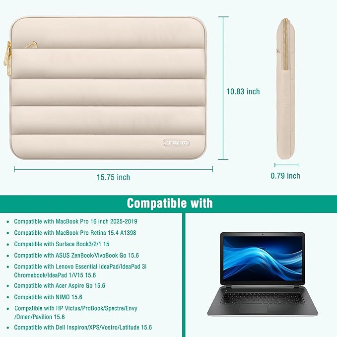 MOSISO 15-15.6 inch Laptop Case, 16 inch Puffy Laptop Sleeve Compatible with MacBook Pro 16, HP Dell ASUS Acer Toshiba Lenovo Notebook Computer, Polyester Horizontal Bag with Small Case, Sand