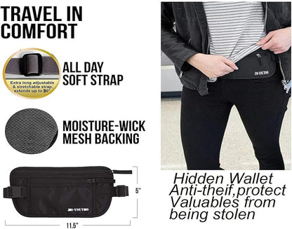 Money Belt for Travel - Hidden Travel Pouch Protect Your Credit and Money With RFID Blocking Passport Holder Waist Wallet (Black)