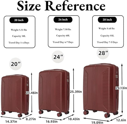 3-Piece PP Hard Shell Spinner Luggage Set (20" 24" 28") with Combination Lock, Adjustable Pull Rod Suitcases, Red