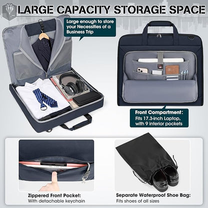 RAINSMORE Garment Bags for Travel Carry On Garment Bag for Hanging Clothes, Suit Bag for Business Trips with Shoes bag & Shoulder Strap, Waterproof Foldable Suit Luggage Bag for Men Women, Blue