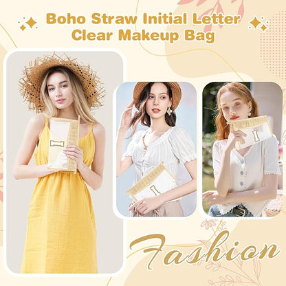 Personalized Initial Letter Bag Boho Straw Clear Makeup Bag,Small Cute Chenille Varsity Letter Pouch With Zipper,Beach Travel Toiletry,Portable Monogrammed Cosmetic Bag for Women Girls,I