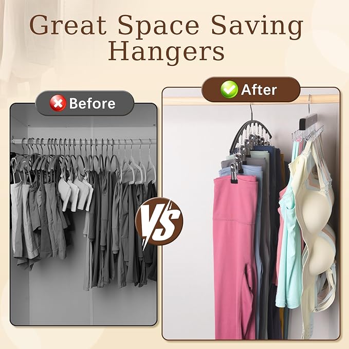 4 Pack Legging Organizer& Bra Hanger, 2 in 1 Space Saving Hangers Max 60 Leggings & Bras Capacity for Closet Organizers and Storage, Metal Yoga Pant Hanger& Foldable Wood Tank Top Organizer