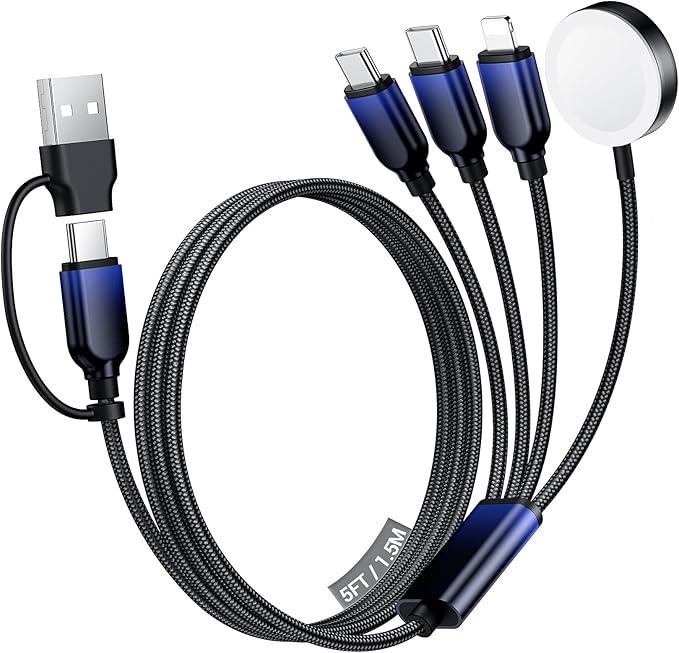 Travel Essentials for Apple Watch Charger, Dual USB C Multi Charger Cable for iWatch/for iPhone 17-12,4 in 2 USB A/C,2*Type-C,Lightning,iWatch Charging Cord,Vacation RV Camping Essentials-5FT Black