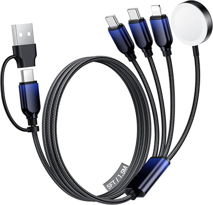 Travel Essentials for Apple Watch Charger, Dual USB C Multi Charger Cable for iWatch/for iPhone 17-12,4 in 2 USB A/C,2*Type-C,Lightning,iWatch Charging Cord,Vacation RV Camping Essentials-5FT Black