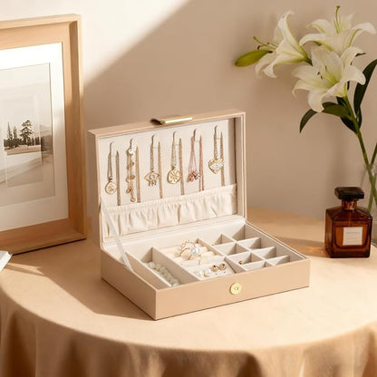 Tangle-Free Jewelry Organizer Single Layer Case with Secure Leather Strap for Necklaces, Rings, Earrings, Elegant Travel & Home Storage Apricot