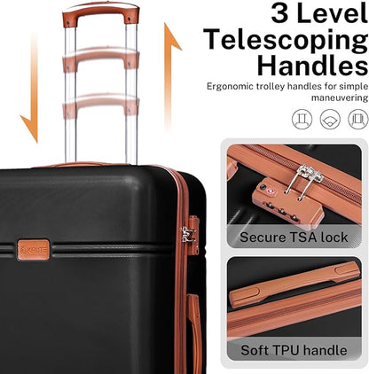 Krute Carry On Luggage Sets 3 Pieces Suitcase Set Hard Shell PC+ABS Airline Approved Suitcases with Spinner Wheels TSA Approved 20 Inch Luggage (BlackBrown)