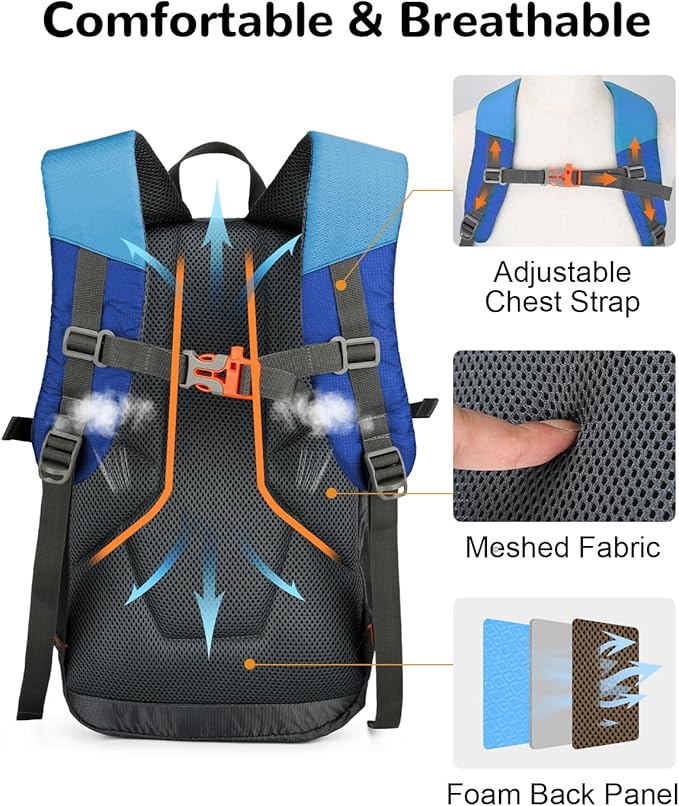 15L Small Padded Hiking Backpack with Chest Strap for Men Women, Lightweight Waterproof Daypack for Travel, Blue