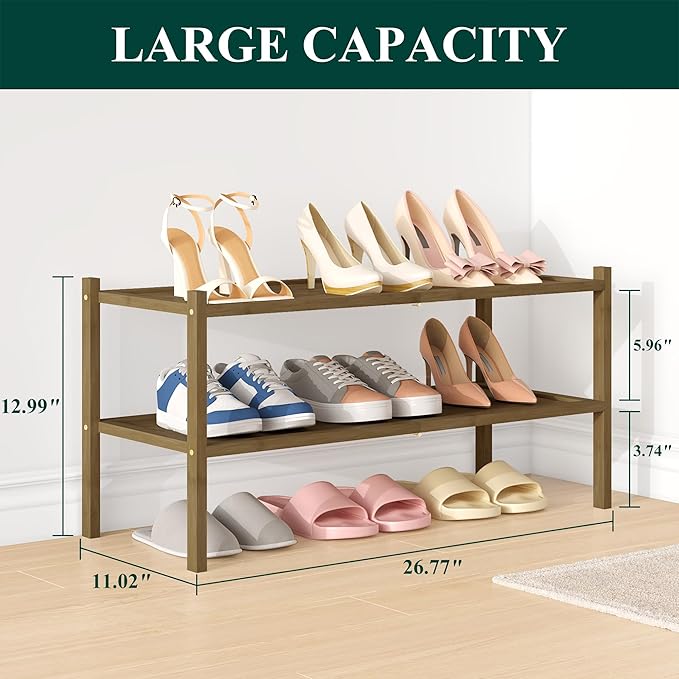 Smiry Bamboo Shoe Rack, 2 Tier Shoe Organizer for Entryway & Closet, Stackable Free Standing Storage Shelf for Shoes, Bags & Plants, Walnut