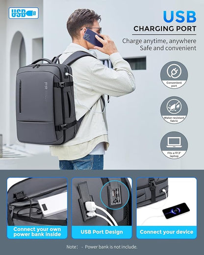 17.3 Inch Travel Laptop Backpack for Men, Water Resistant Carry On Backpack with USB Port, Expandable Computer Daypack, Grey Business Backpack for College/Work