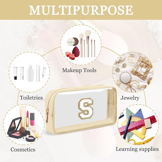 Small Clear Personalized Initial Makeup Bag,Nylon Preppy A-Z Chenille Letter Patch Cosmetic Pouch Beach Toiletry Bag,Waterproof Zipper Travel Purse Storage Bag Organizer for Women Girls(Beige-White S)