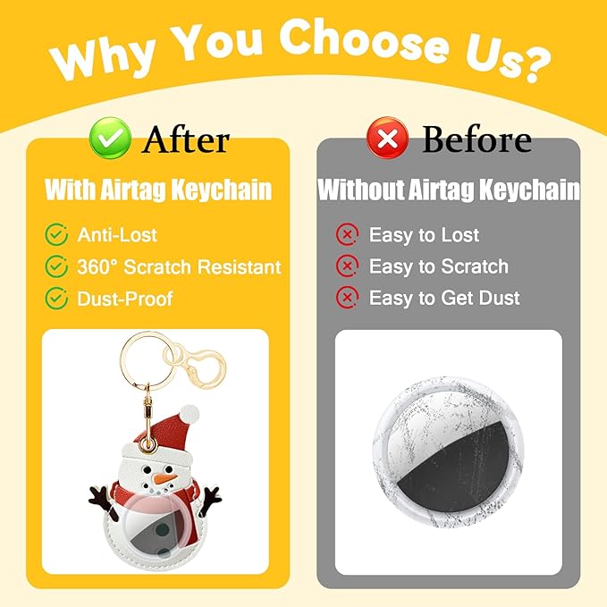 Leather Keychain for Airtag, Cute Protective Keychain Holder Compatible with Apple Air Tag,GPS Item Tracker Case Cover for Keys,Bags,Pets,Luggage(Snowman)