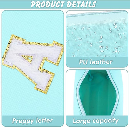Gifts for Girls Initial Makeup Bag Personalized Cosmetic Bag with Zipper Cute Travel Toiletry Bag Waterproof PU Preppy Makeup Pouch Birthday Gift for Teen Girls Women(Blue A)