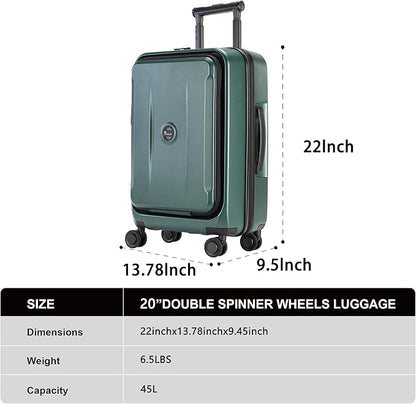 Carry On Luggage with Front Pocket & USB Port, PC Hardside 20 Inch luggage with Spinner Wheels & Built-in TSA Lock, Durable Lightweight Rolling Suitcase, Carry-On 20-Inch, Green