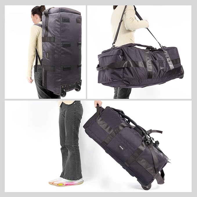 80L Rolling Duffle Bag with Wheels - Heavy-Duty 33.5" Foldable Duffel, Water-Resistant Wheeled Luggage with Shoulder Straps for Camping, Gym, Airplane (Grey)