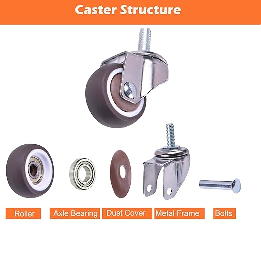 1.5" M6x15 Stem Casters Bolt Threaded Wheels,TPR Mute Rubber Swivel Single Caster Screws in Wheel Small with 2 Brake Locks-Brown