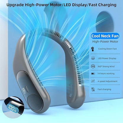 Portable Neck Fan,Personal Wearable Bladeless Fan,LED Display,4-Speeds,6000mAh USB Rechargeable,360° Strong Cooling Wind,Hands Free,White Elephant Gift,Christmas Gifts for Men Women (Dark grey)
