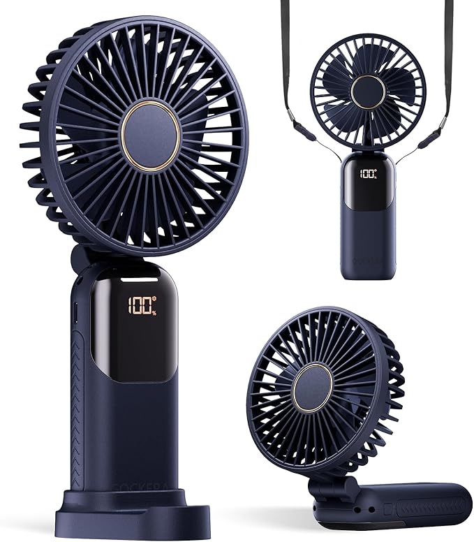 Portable Fan, 4200mAh Battery Operated Fan, 5 Speeds&Digital Display, Makeup Fans for Women with Base, 180°Foldable 3in1 Handheld/Neck/Desk Fan for Outdoor Indoor,Ultra Quiet (Blue)