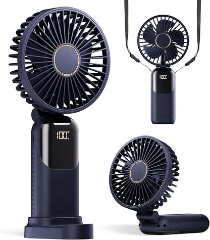 Portable Fan, 4200mAh Battery Operated Fan, 5 Speeds&Digital Display, Makeup Fans for Women with Base, 180°Foldable 3in1 Handheld/Neck/Desk Fan for Outdoor Indoor,Ultra Quiet (Blue)