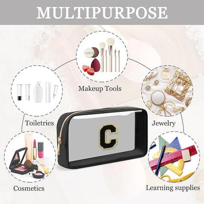 Small Clear Personalized Initial Makeup Bag,Nylon Preppy A-Z Chenille Letter Patch Cosmetic Pouch Beach Toiletry Bag,Waterproof Zipper Travel Purse Storage Bag Organizer for Women Girls(Black-Black C)