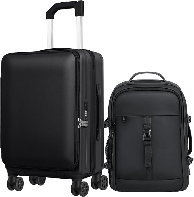 Carry-On Luggage Front Opening 20-inch Suitcase with TSA Lock PC Hardside Rolling Luggage Travel Suitcase, Small Hardside Expandable Luggage with Spinner Wheels (Black)