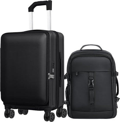 Carry-On Luggage Front Opening 20-inch Suitcase with TSA Lock PC Hardside Rolling Luggage Travel Suitcase, Small Hardside Expandable Luggage with Spinner Wheels (Black)