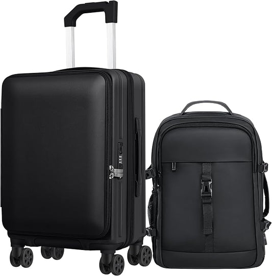 Carry-On Luggage Front Opening 20-inch Suitcase with TSA Lock PC Hardside Rolling Luggage Travel Suitcase, Small Hardside Expandable Luggage with Spinner Wheels (Black)