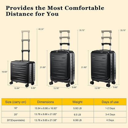 16 Inch Carry On Luggage Airline Approved, Expandable Lightweight ABS+PC Hard Shell Suitcases with 360° Spinner Wheels, TSA Lock, YKK Zippers (Black)
