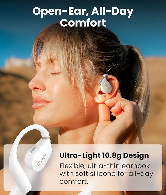 Cleer ARC 4 Plus Open Ear Earbuds,True Wireless Bluetooth Earphones with Dolby Audio and Head Tracking, Earhook Earbuds with 34H Playtime, IPX7 Waterproof Sports Headphones for Workout, EQ, White