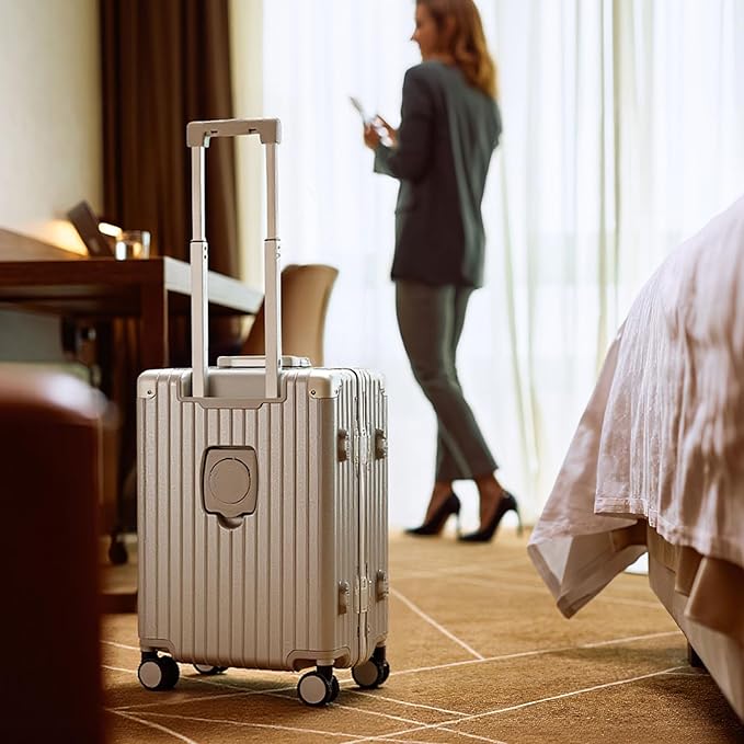 20 Inch Aluminum Frame Carry On Luggage 22x14x9 Airline Approved with Spinner Wheels,Zipperless Hard Shell Small Rolling Suitcases with TSA Approved USB Port,Cup & Phone Holder,Silver