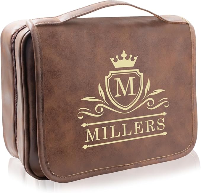 Leather Toiletry Bag For Men, Waterproof PU Leather Dopp Kit, Personalized Hanging Travel Organizer Bag for Father, Husband, Boyfriend (Produced in USA)