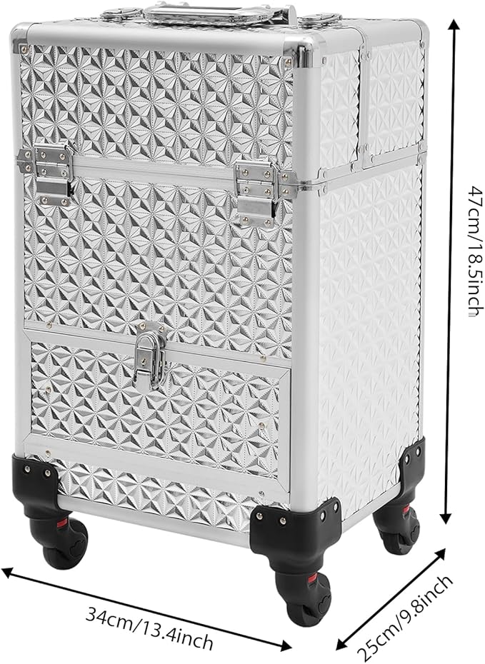 Rolling Makeup Train Case,Multi-functional Cosmetic Trolley with 360° Swivel Wheels Keys,Salon Barber Case Traveling Cart for Nail Technicians Hairstylist (Sliver)